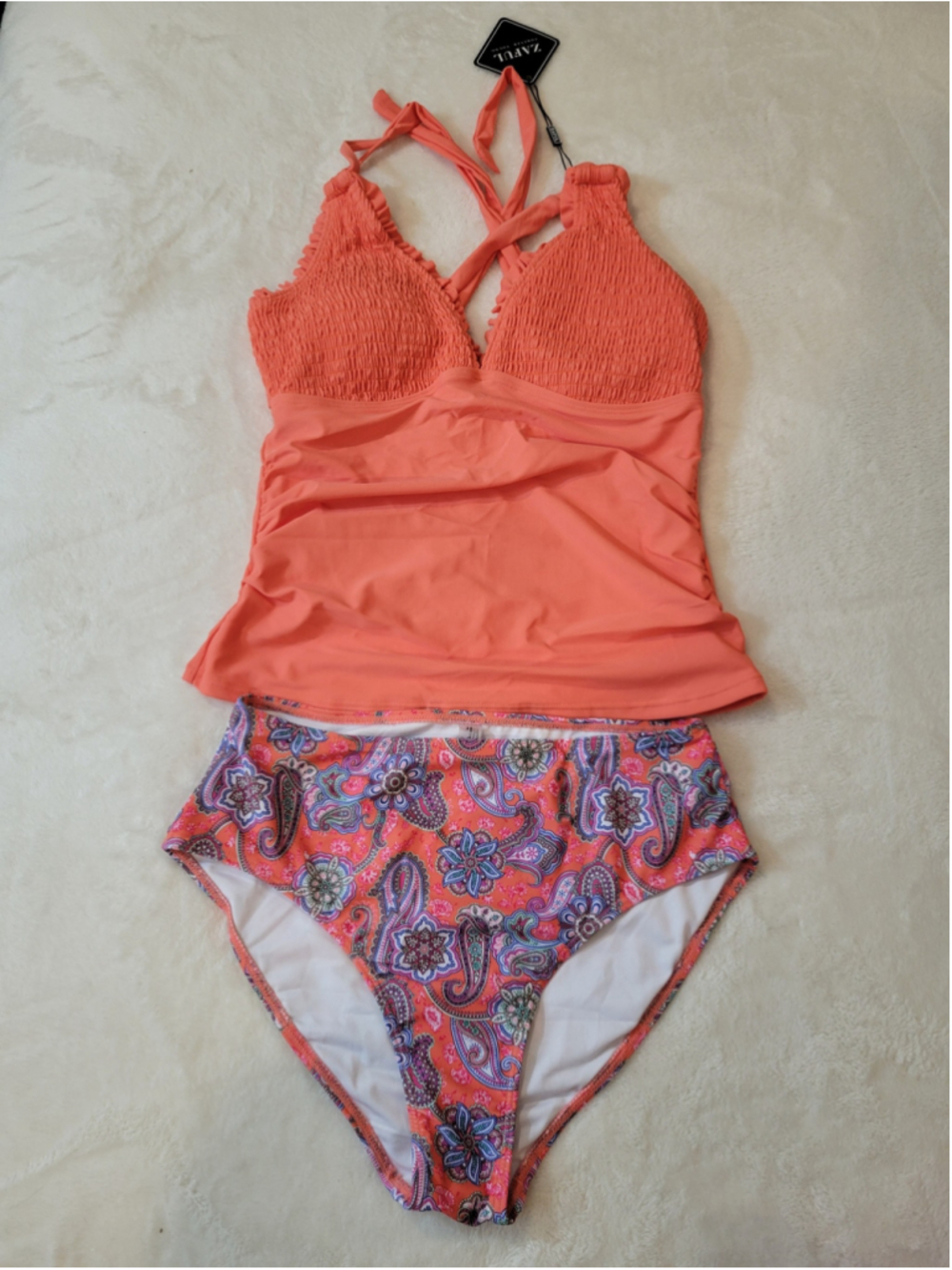 Zaful NWT Tankini Swimsuit Set Coral Smocked Top Paisley High Waist Bottom M